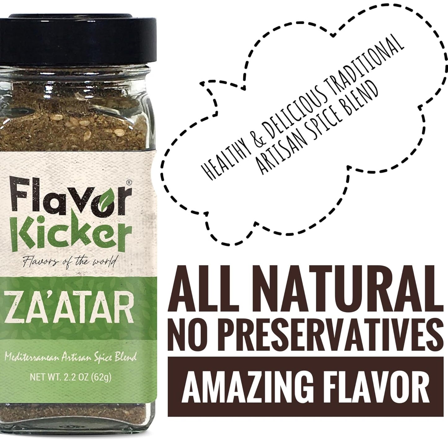 Za'atar (Zatar/Zaatar/Zahtar) Seasoning Blend by FlavorKicker | 1.8 oz | Traditional Lebanese Spice Blend | Zahtar Spice for everything | No Additives, No Perservatives