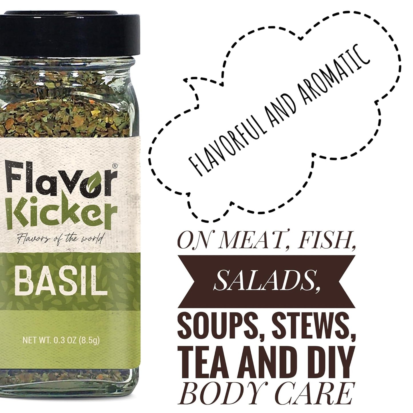 FlavorKicker Basil Leaves - (0.3 oz) pure dried basil seasoning leaves. Non - GMO, No preservatives. Glass Jar to keep Freshness - FlavorKicker.com