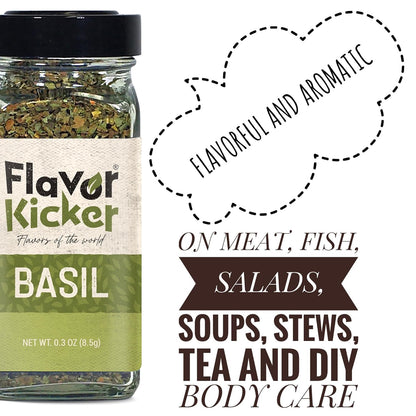 FlavorKicker Basil Leaves - (0.3 oz) pure dried basil seasoning leaves. Non - GMO, No preservatives. Glass Jar to keep Freshness - FlavorKicker.com