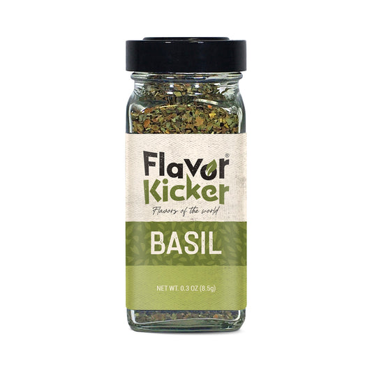 FlavorKicker Basil Leaves - (0.3 oz) pure dried basil seasoning leaves. Non - GMO, No preservatives. Glass Jar to keep Freshness - FlavorKicker.com
