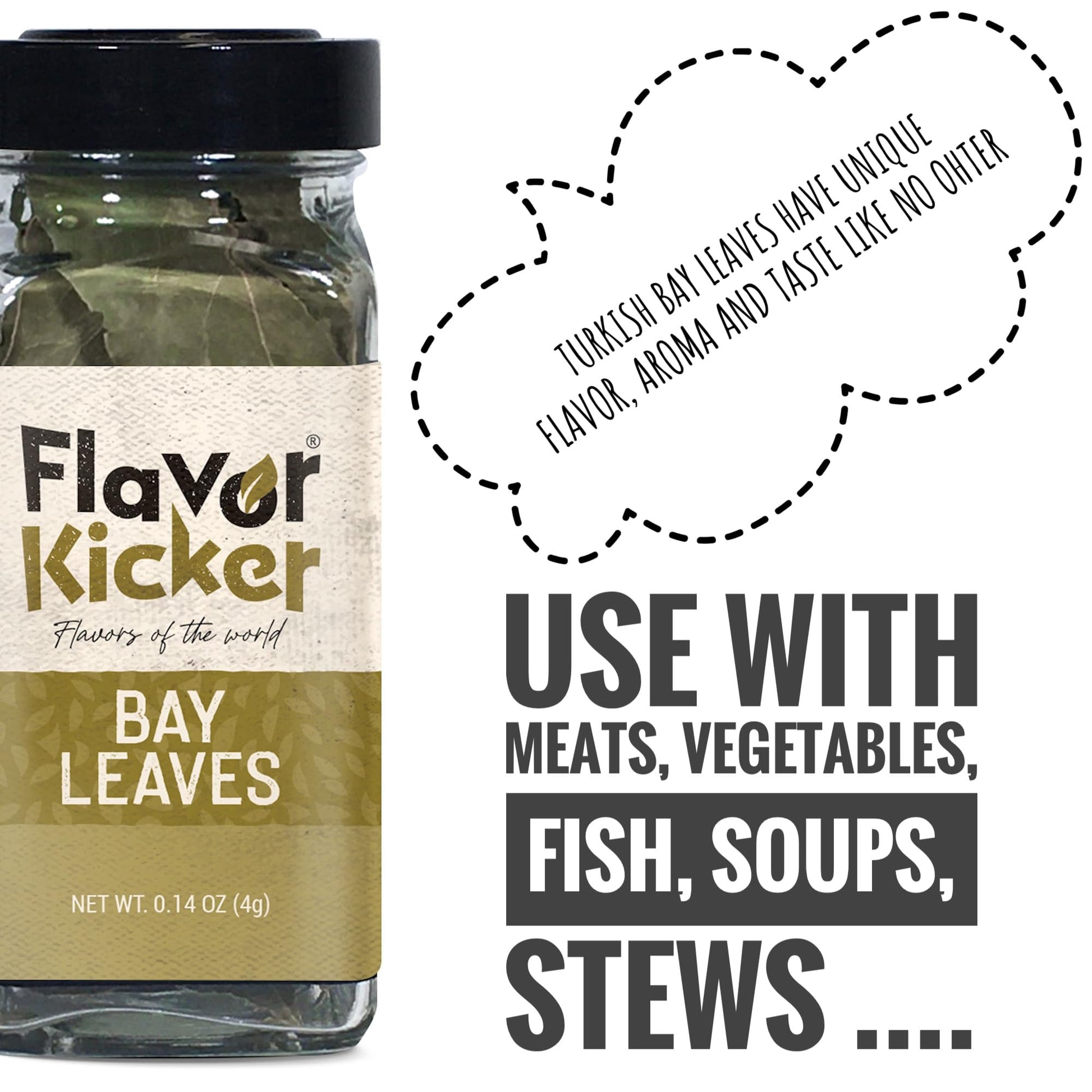 FlavorKicker - Bay Leaves Whole, Non - GMO verified, no additives, no preservatives, glass jar packed to keep fresh 0.14oz, dried bay leaves, fresh bay leaves - FlavorKicker.com