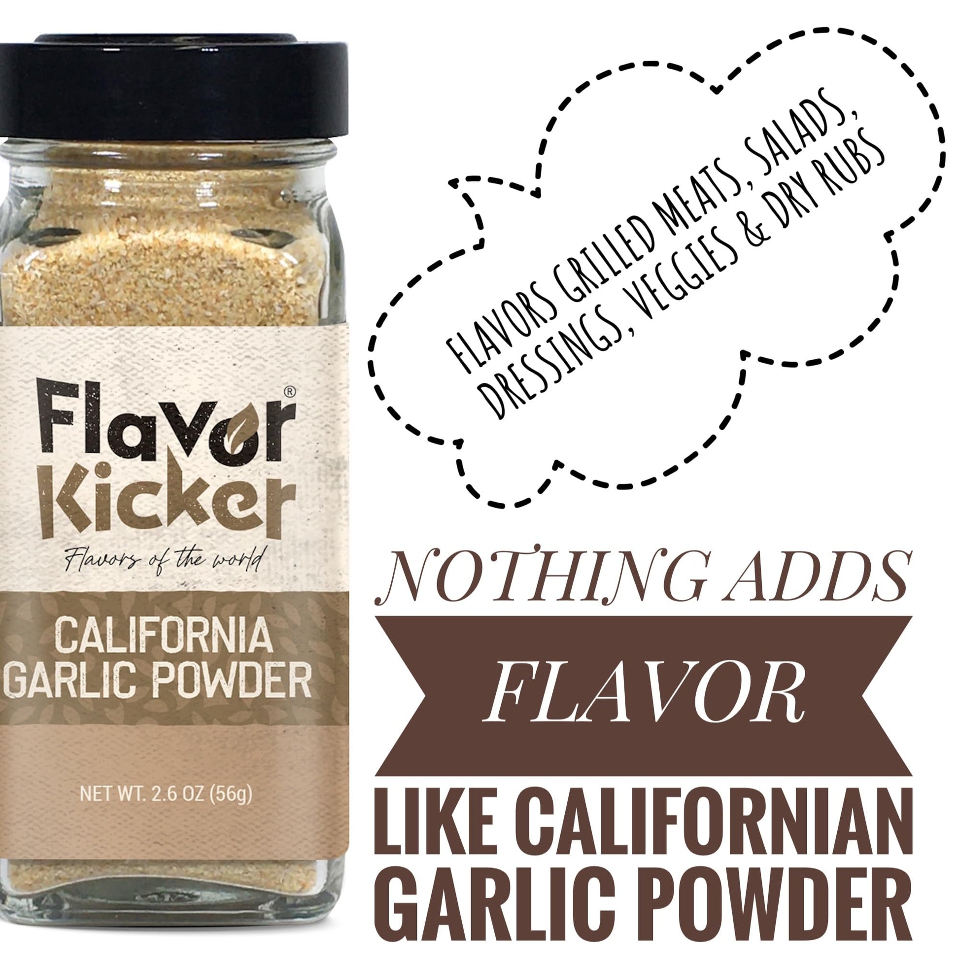 FlavorKicker California Garlic Powder, no additives, non GMO, 1.9 oz. glass jar to preserve freshness - FlavorKicker.com