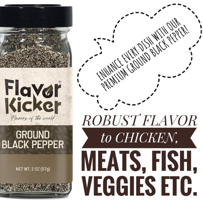 FlavorKicker Coarse Ground Black Pepper, 1.5 oz., no preservtives, non - GMO, Glass Jar to Maintain Freshness. - FlavorKicker.com