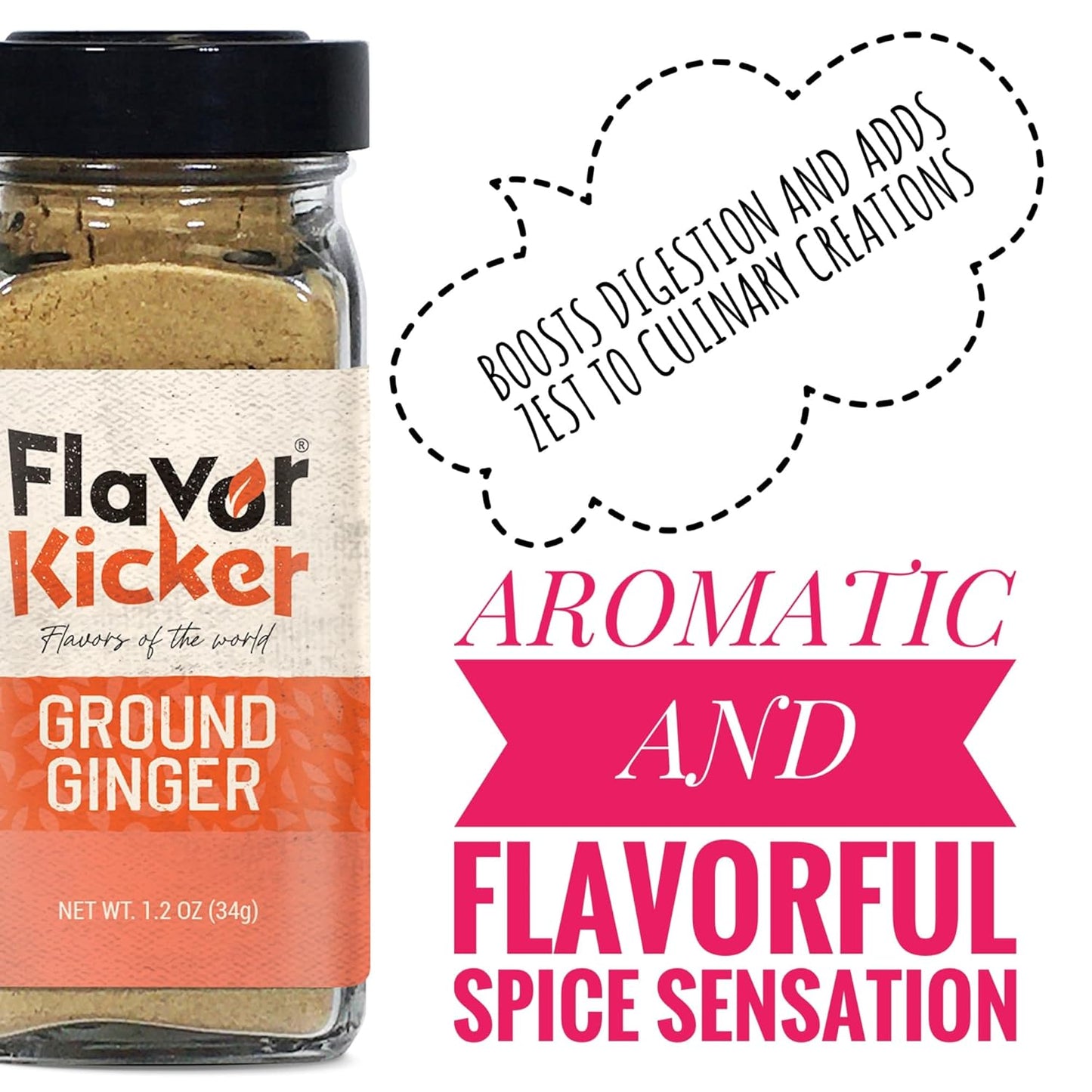 FlavorKicker Ginger Powder 1.2 oz Glass Jar - Non - GMO, Finely Ground, Keto, Raw & Pure Ground Ginger Root - FlavorKicker.com