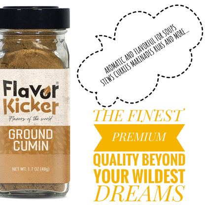 FlavorKicker - Ground Cumin - powder made from premium whole cumin seeds 1.7 oz glass jar, non - GMO, no additives - FlavorKicker.com