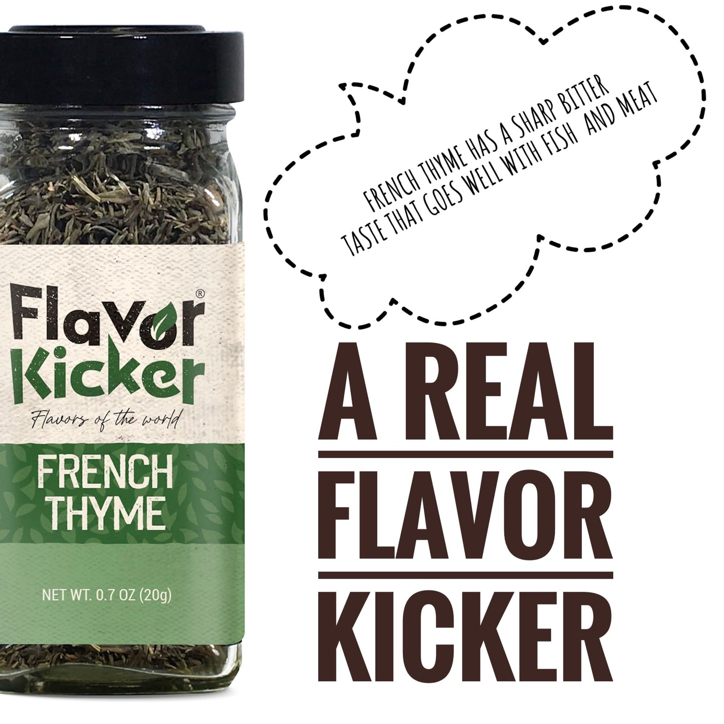 FlavorKicker Premium French Thyme - Whole Dried Thyme Leaves | French Thyme Seasoning for Potatoes, Roasts, Soups & Stews (GlassJar - Net: 0.7 oz) - FlavorKicker.com